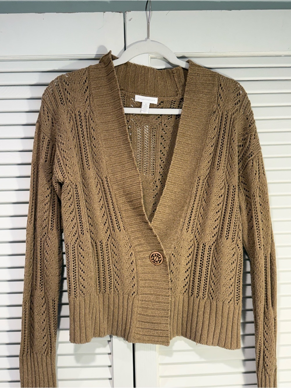 Charter Club Open-Knit Tan Brown Button-Front Cardigan